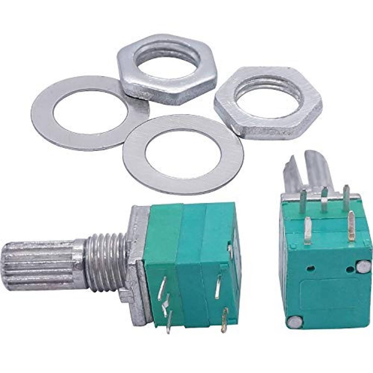 Set of rotary potentiometers with switch, teal modules, metal mounting rings and shaft