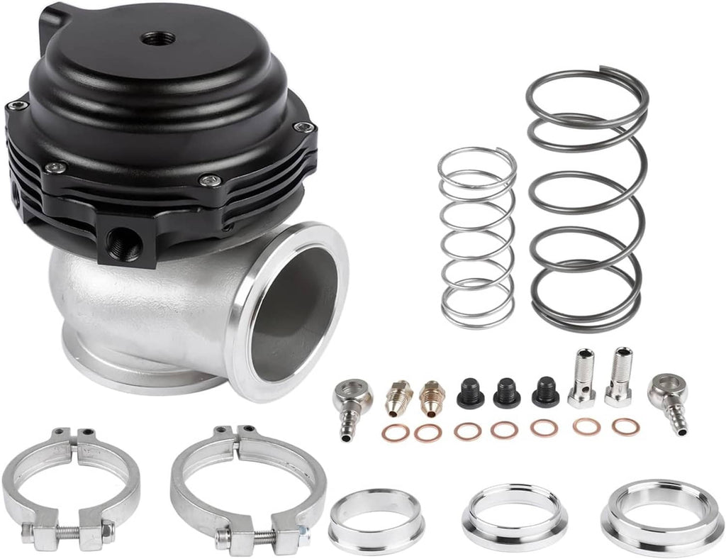 External turbo wastegate unit with black top, silver inlet/outlet housing, and springs