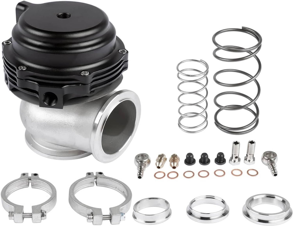 External turbo wastegate unit with black top, silver inlet/outlet housing, and springs