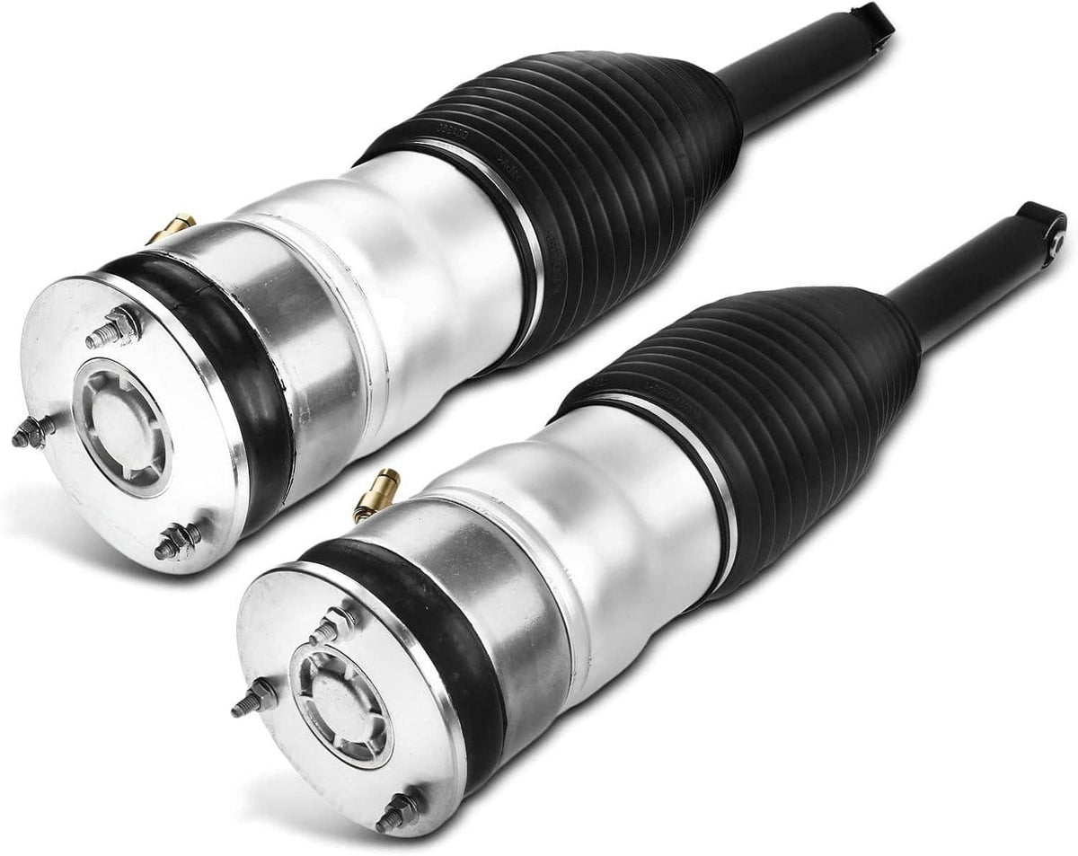 Rear air suspension strut pair with silver reservoirs and black bellows, angled view
