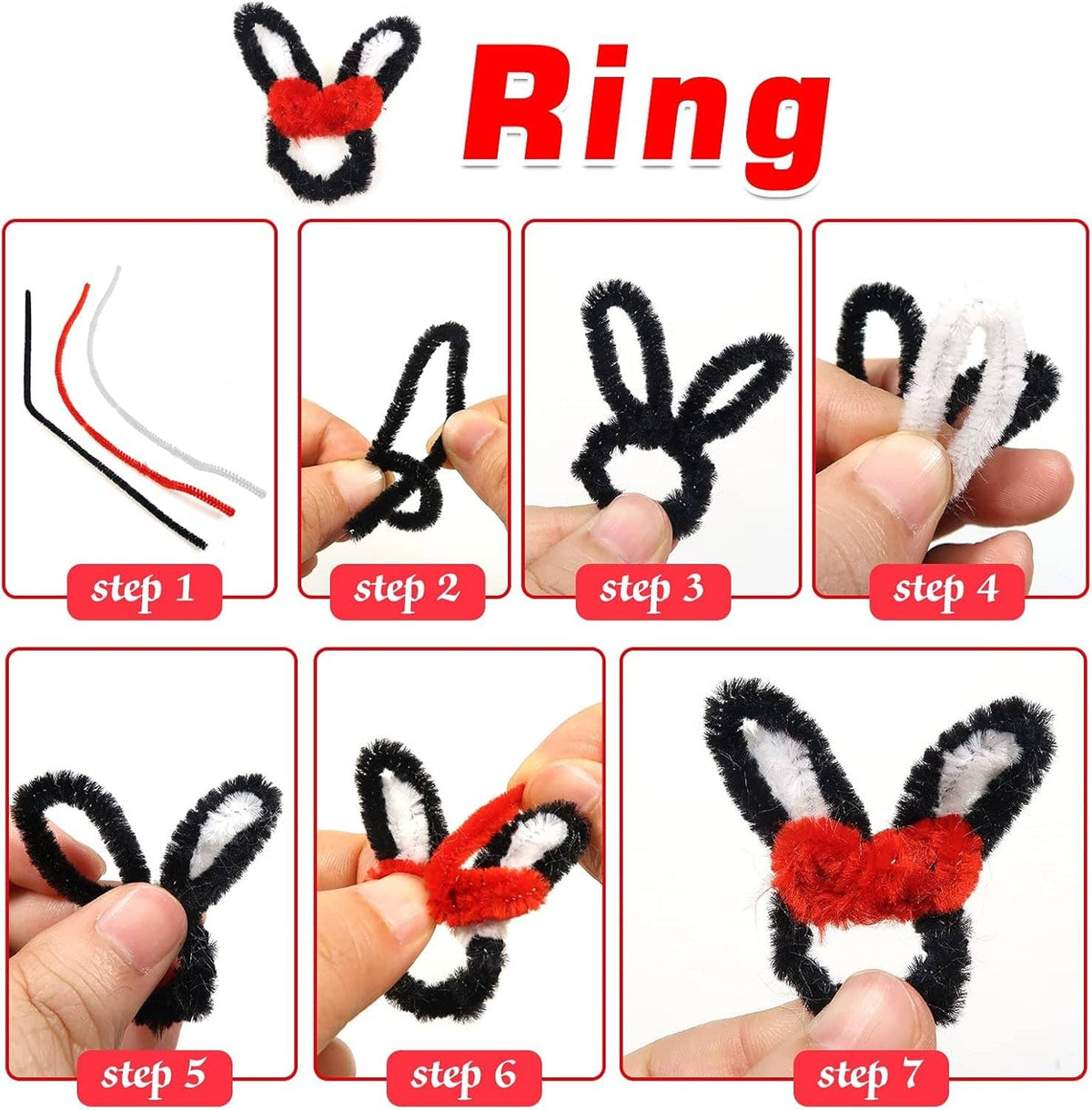 Black chenille pipe cleaner stems in hand, shaped into a small bunny figure