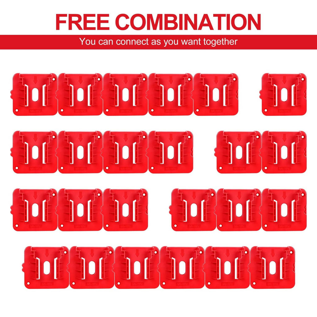 Red battery holder clips arranged in multiple rows for modular combination