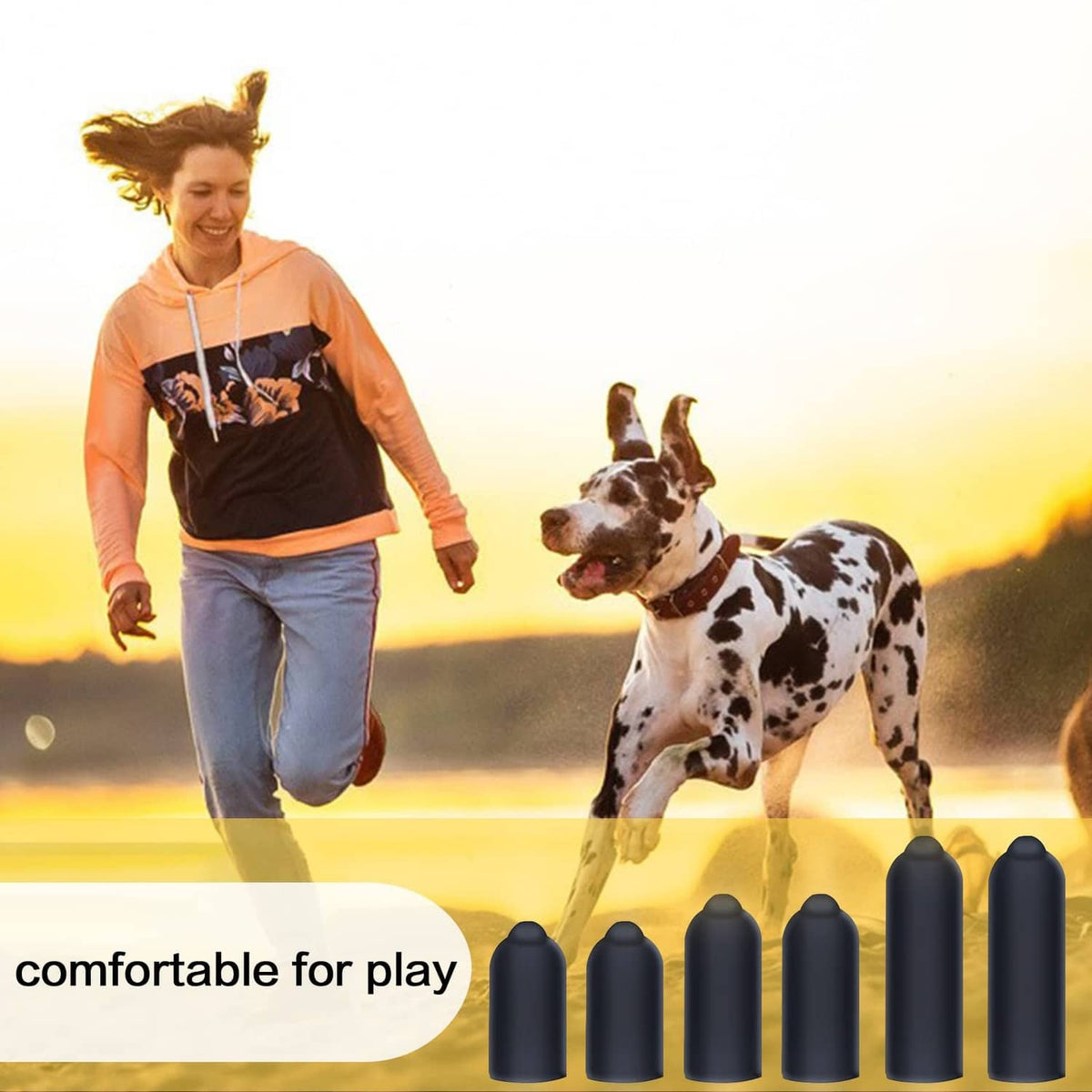 Dog wearing black training collar with black rubber replacement tips set displayed