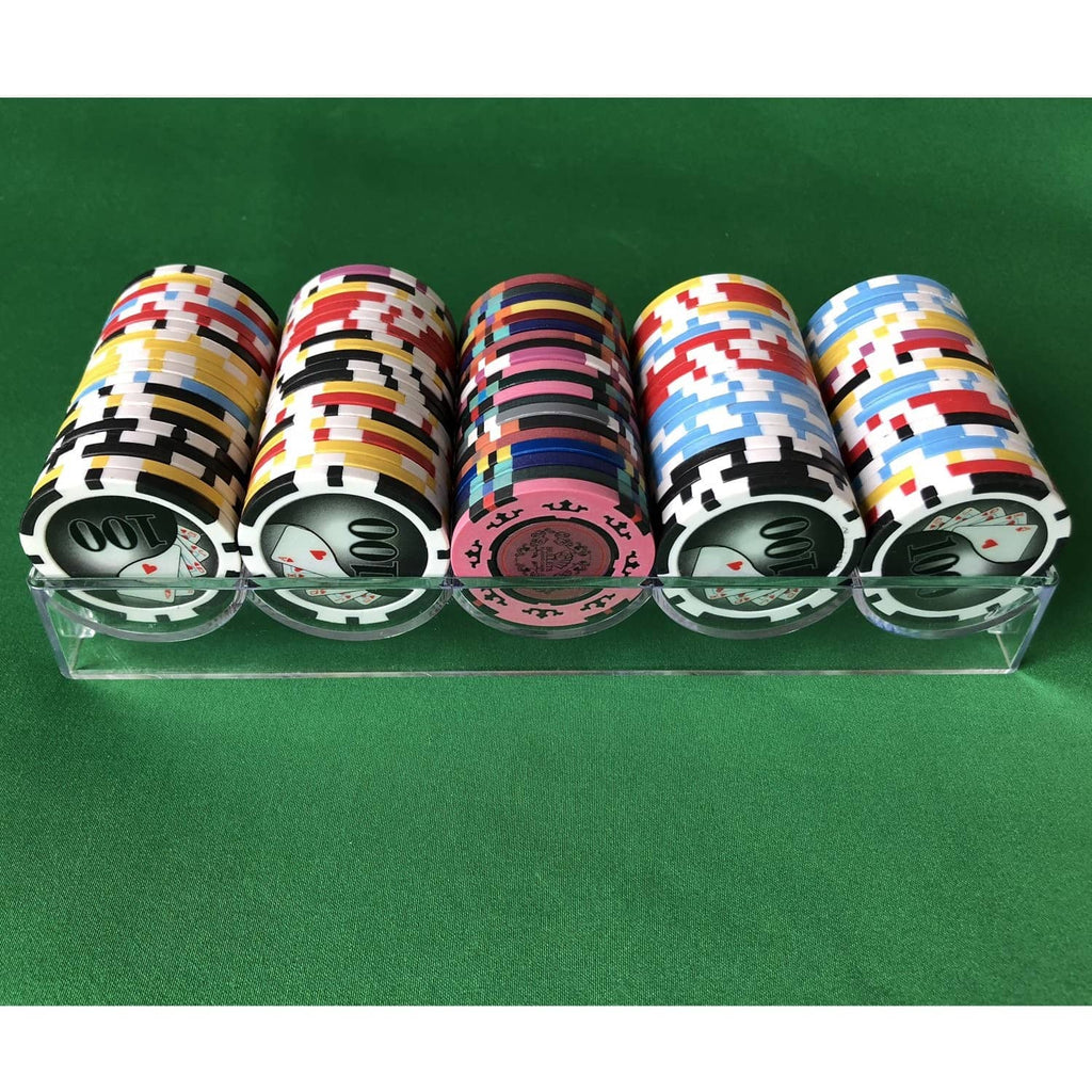 Clear acrylic tray with five stacked poker chips in different colors