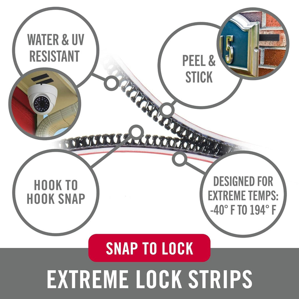 Extreme Lock mounting strips feature graphic: water and UV resistant, peel-and-stick, snap to lock