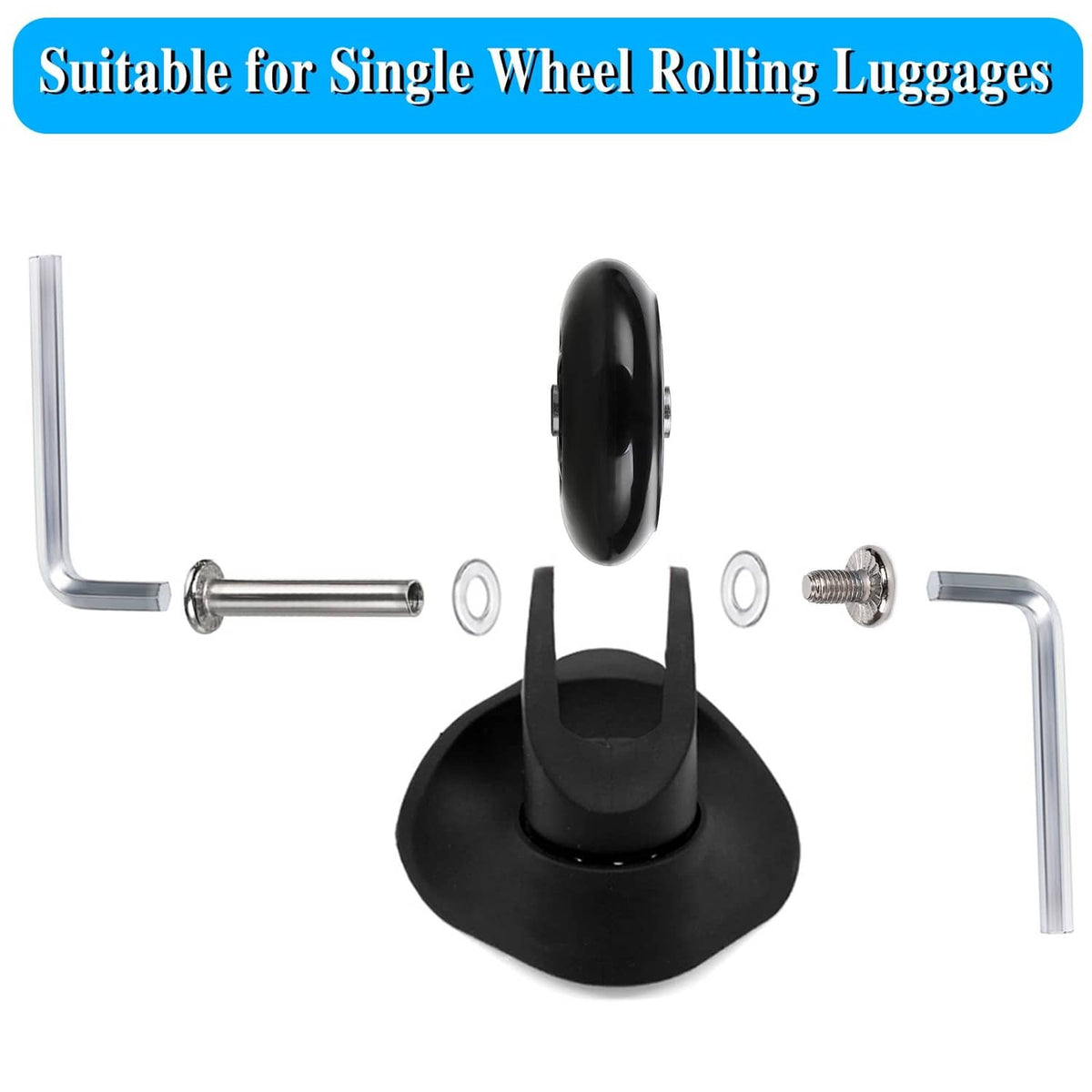 Single rubber swivel luggage wheel with axle pin, washers, and U-shaped mounting brackets