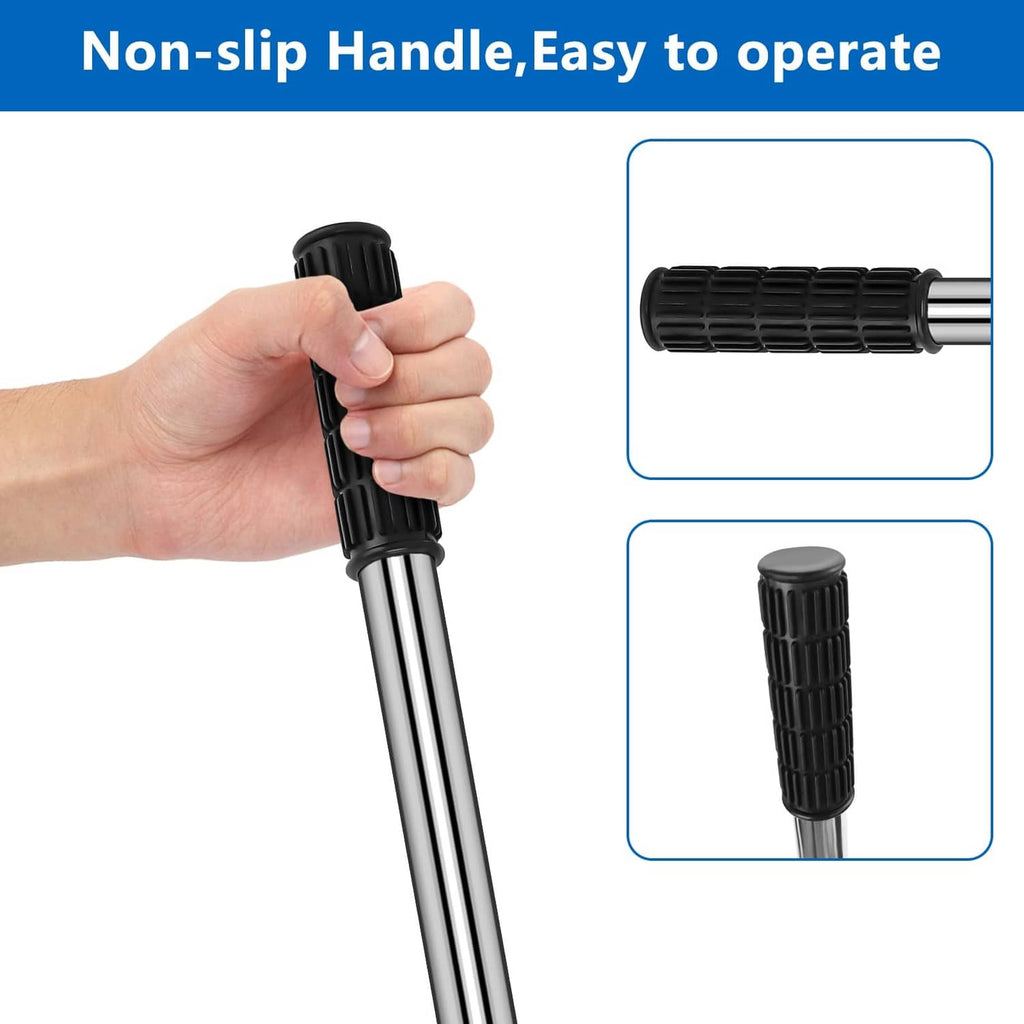 Non-slip black handle pool cover tool on silver rod