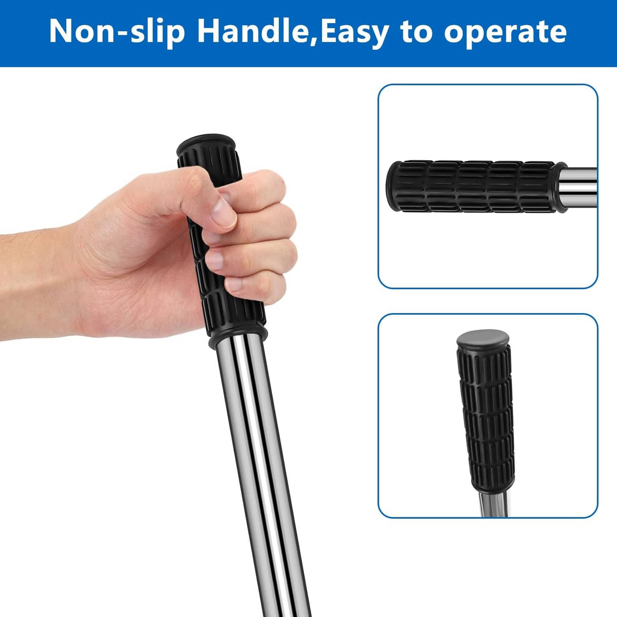 Non-slip black handle pool cover tool on silver rod