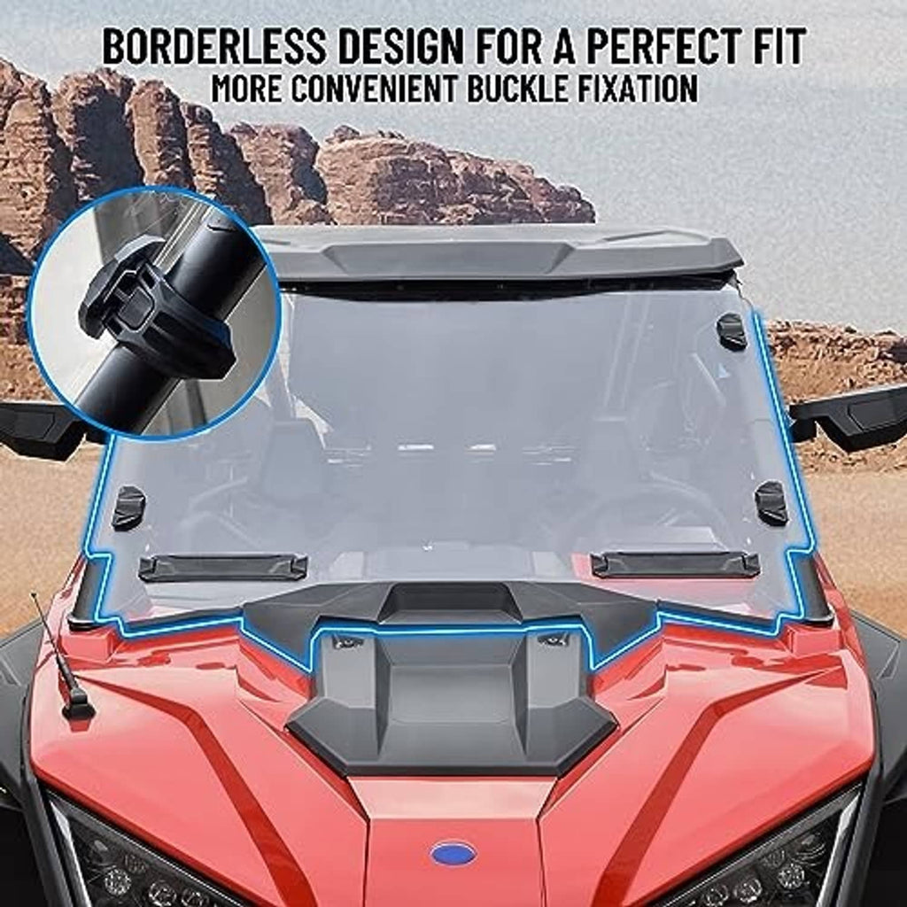 Clear windshield with black frame, top edge, and side mounting clips