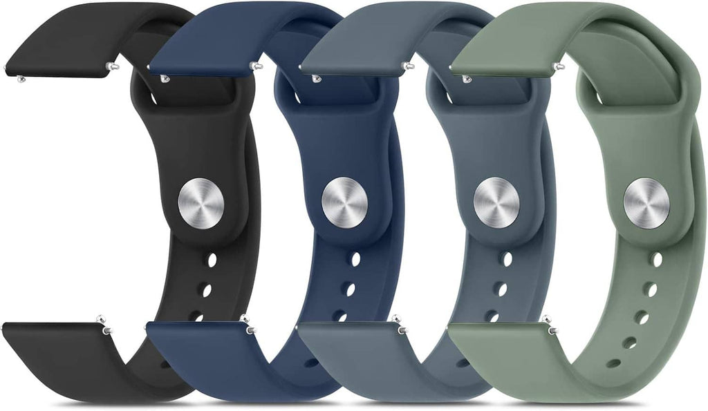 Four-pack silicone watch bands with quick-release pins in black, blue, gray, light green