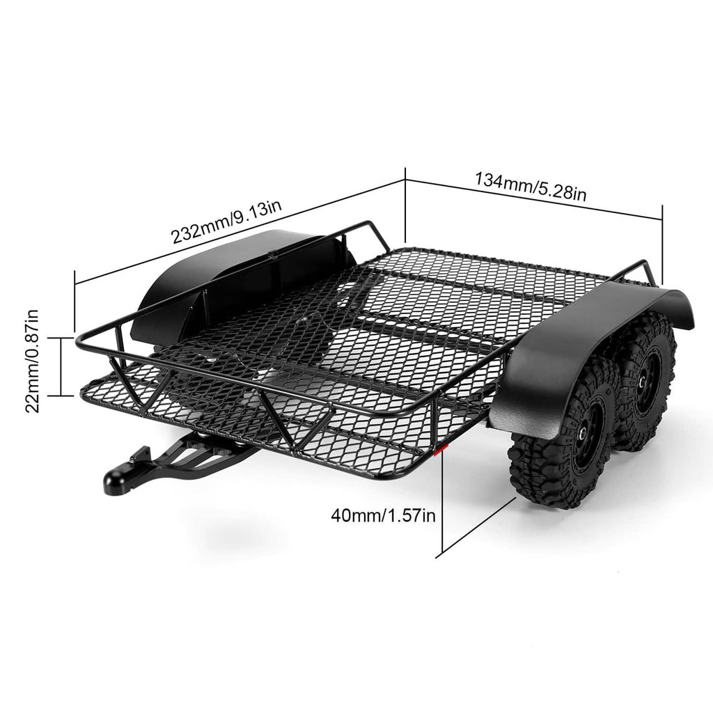 Black metal RC trailer with mesh cargo deck, side rails, and all-terrain tires