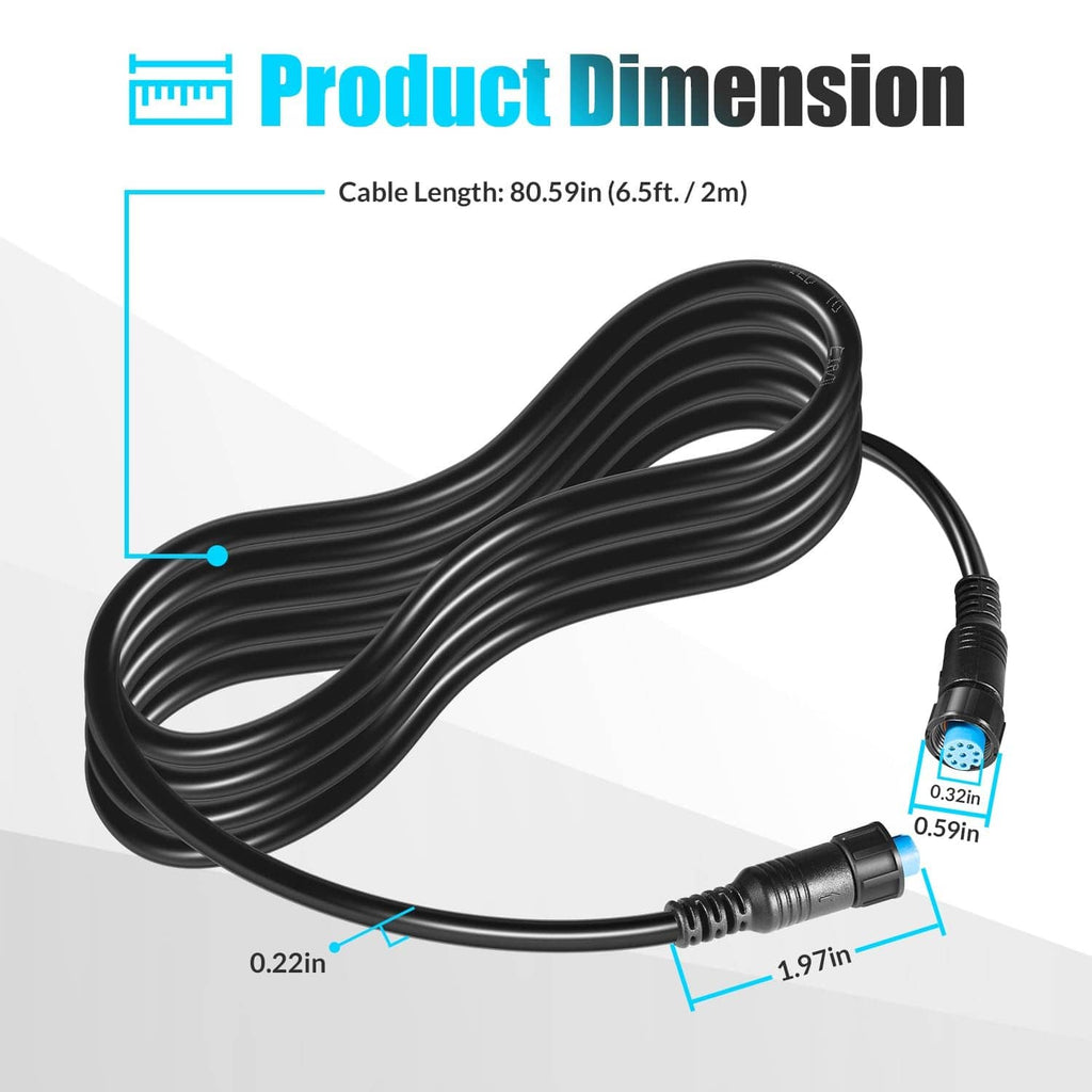 Coiled black marine network cable with blue small connector plug at one end