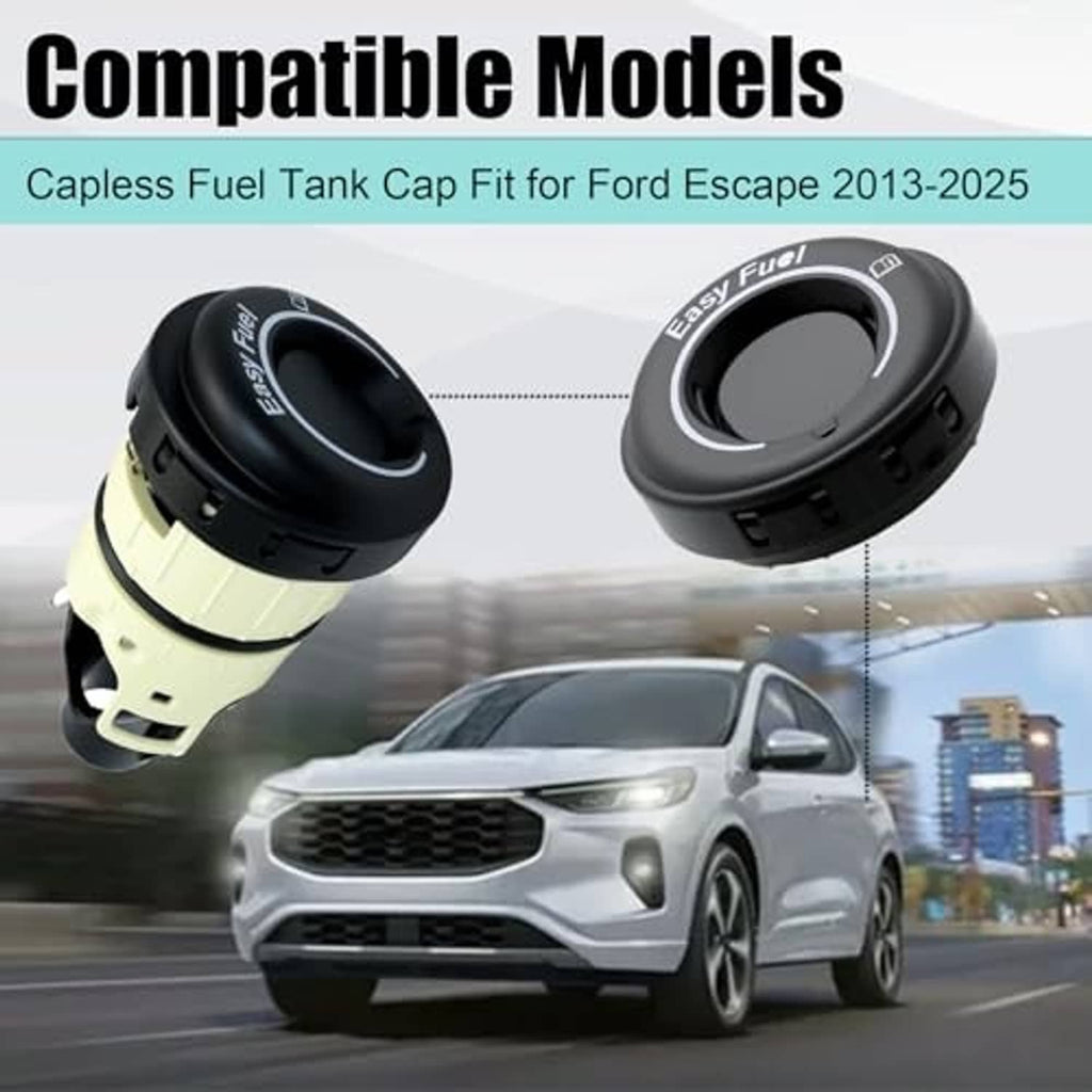 Fuel tank cap without cover, black and beige cap with Easy Fuel logo, top view