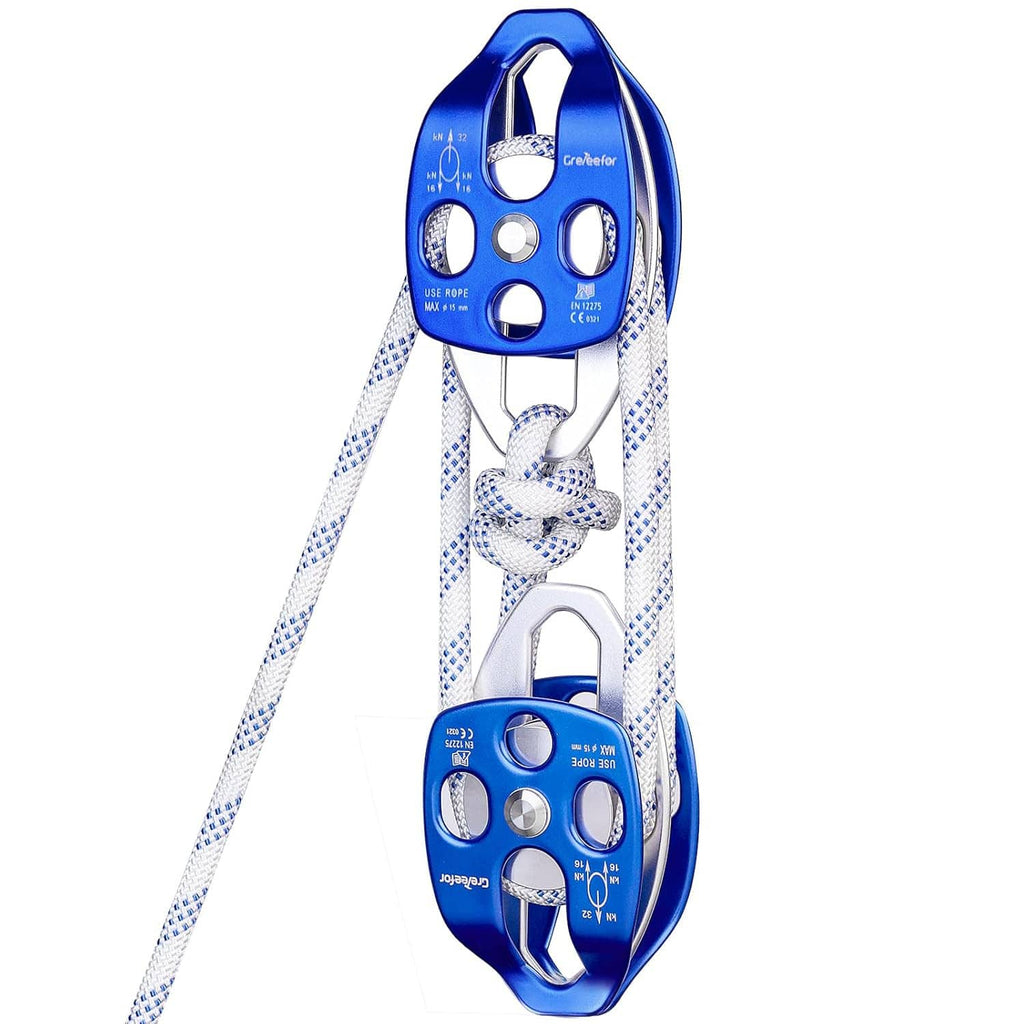 Double pulley block set with blue sheaves and white braided rope looped through