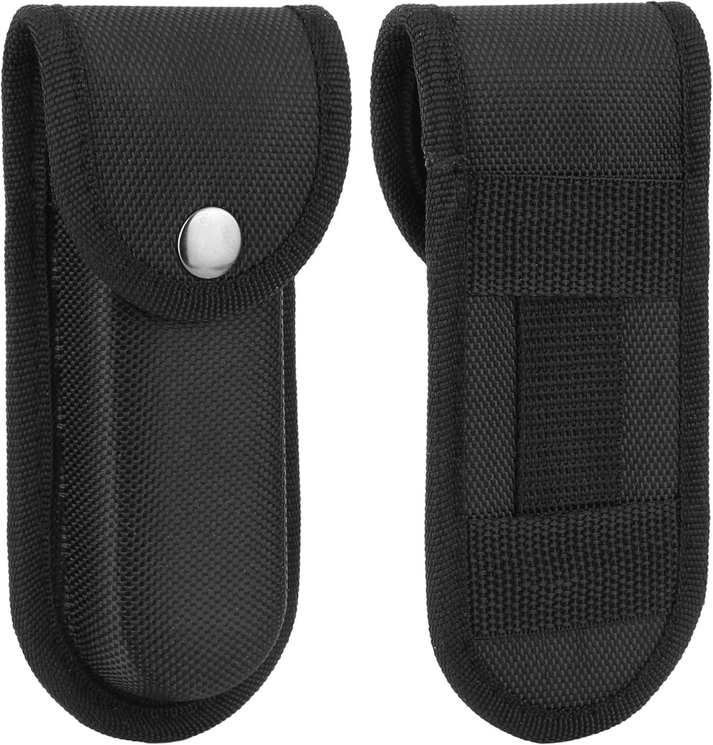Black nylon knife sheath holders with metal snap closure, side view, two pieces.