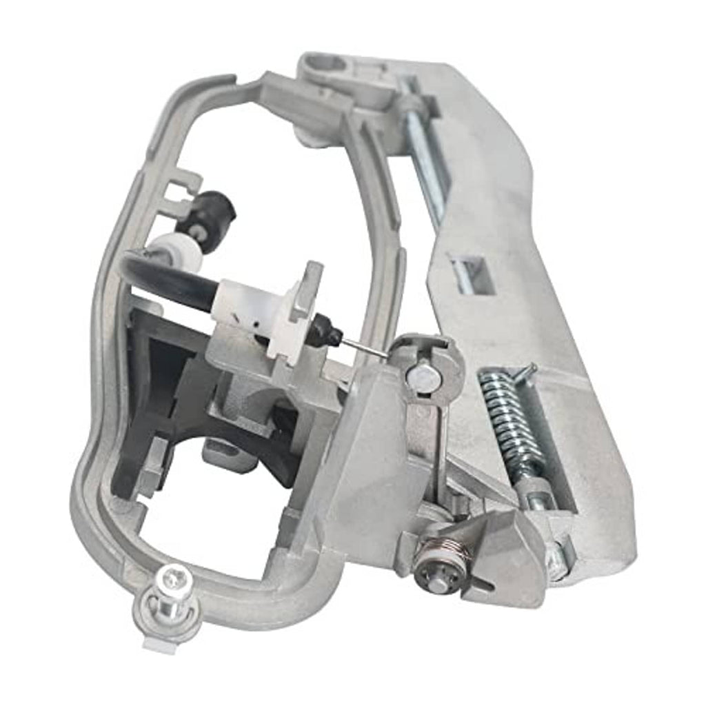 Front door handle carrier inner mechanism with spring and mounting clips, gray metal