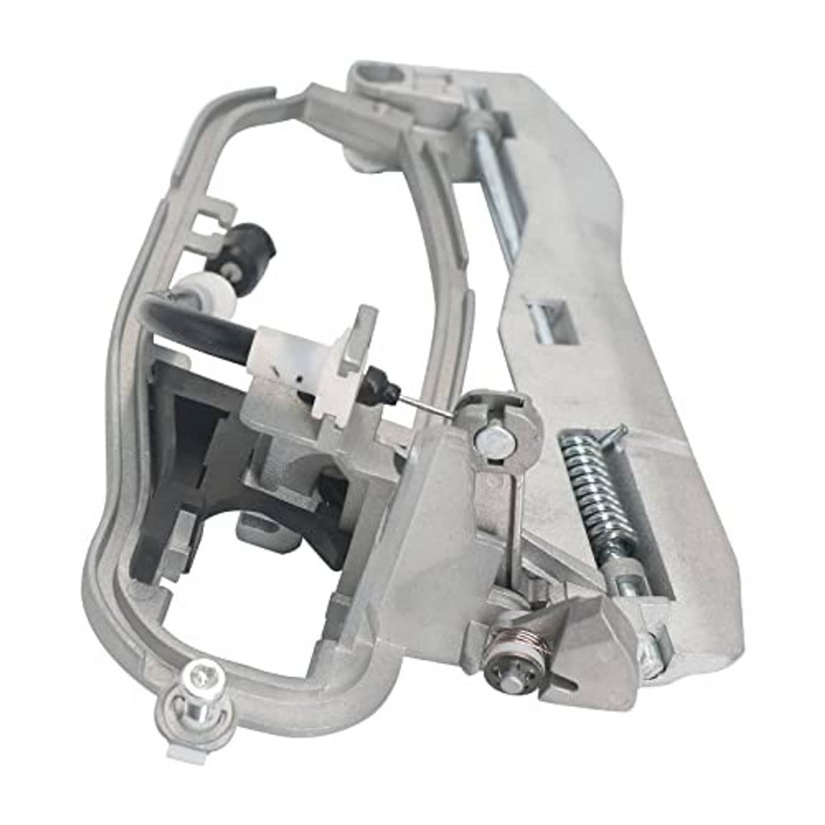 Front door handle carrier inner mechanism with spring and mounting clips, gray metal