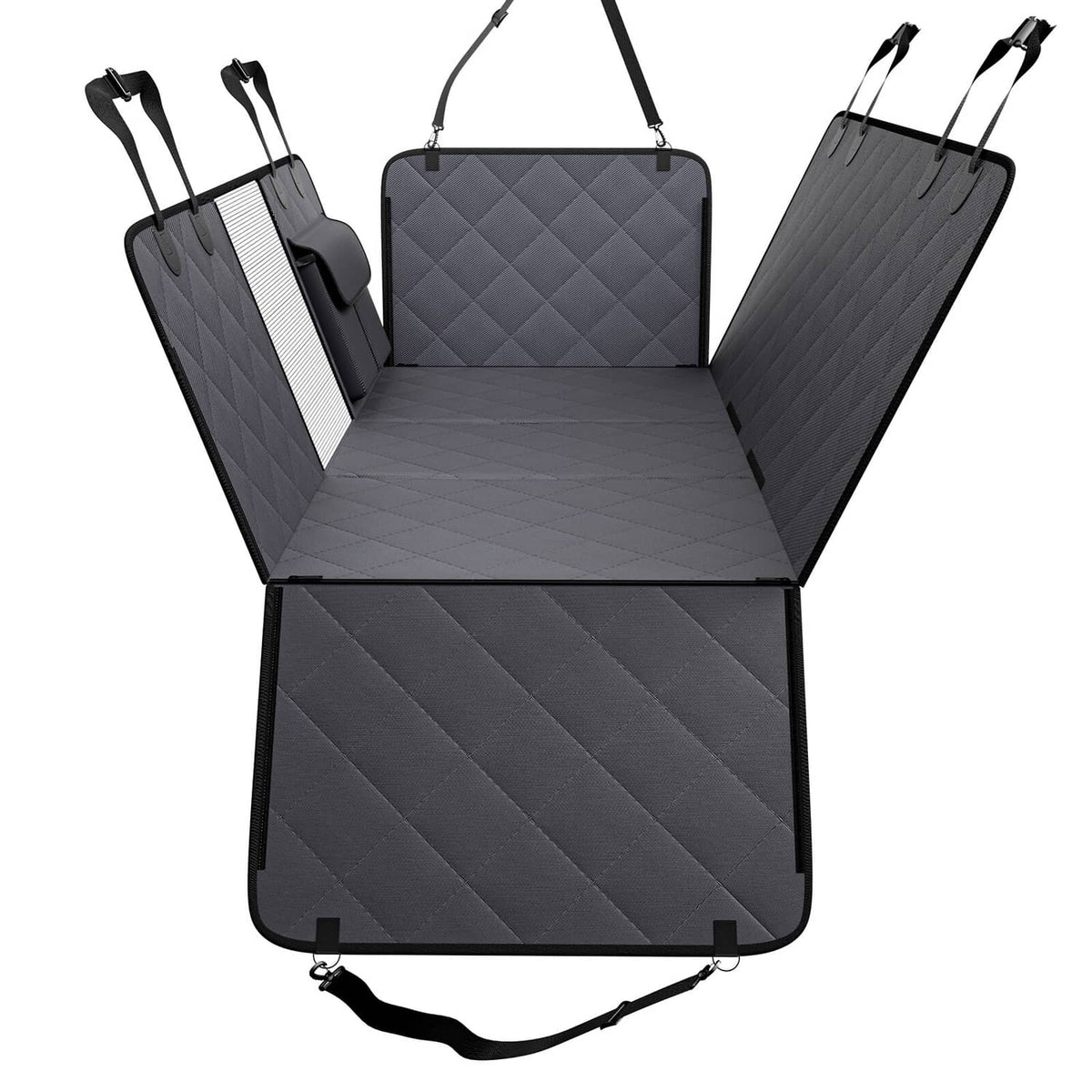 Waterproof dog car seat cover, dark gray quilted back and bottom with straps