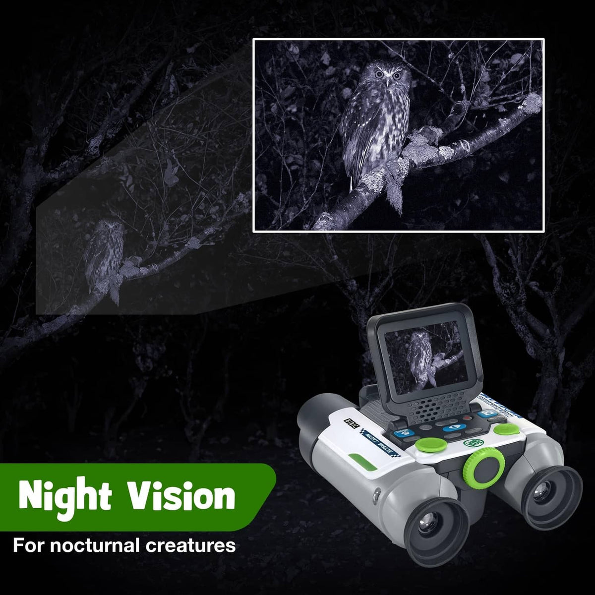 Kids binoculars with small built-in screen showing grayscale night view