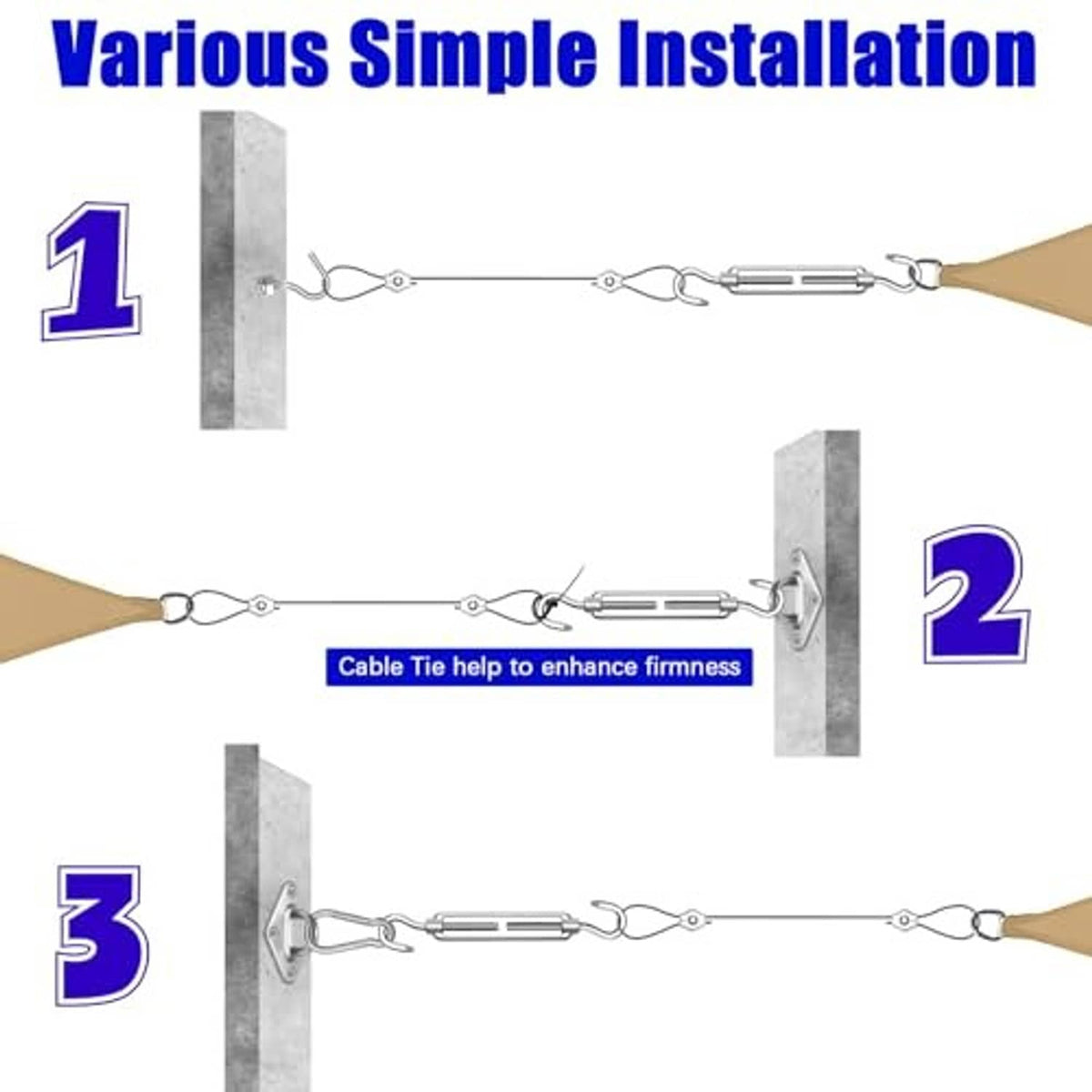 Sun shade sail hardware kit with cable and connectors shown connected for setup