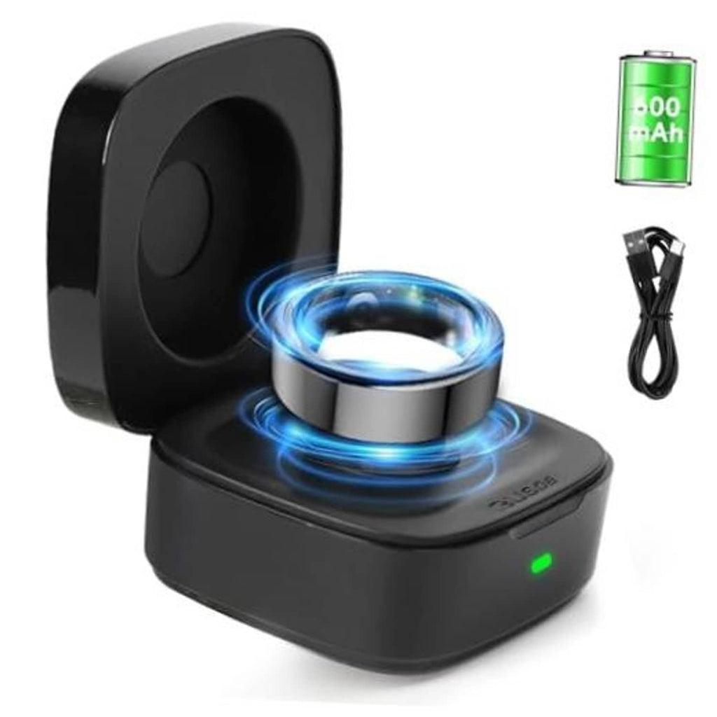 Black wireless charging case with ring cradle showing blue charging light