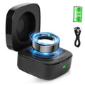 Black wireless charging case with ring cradle showing blue charging light
