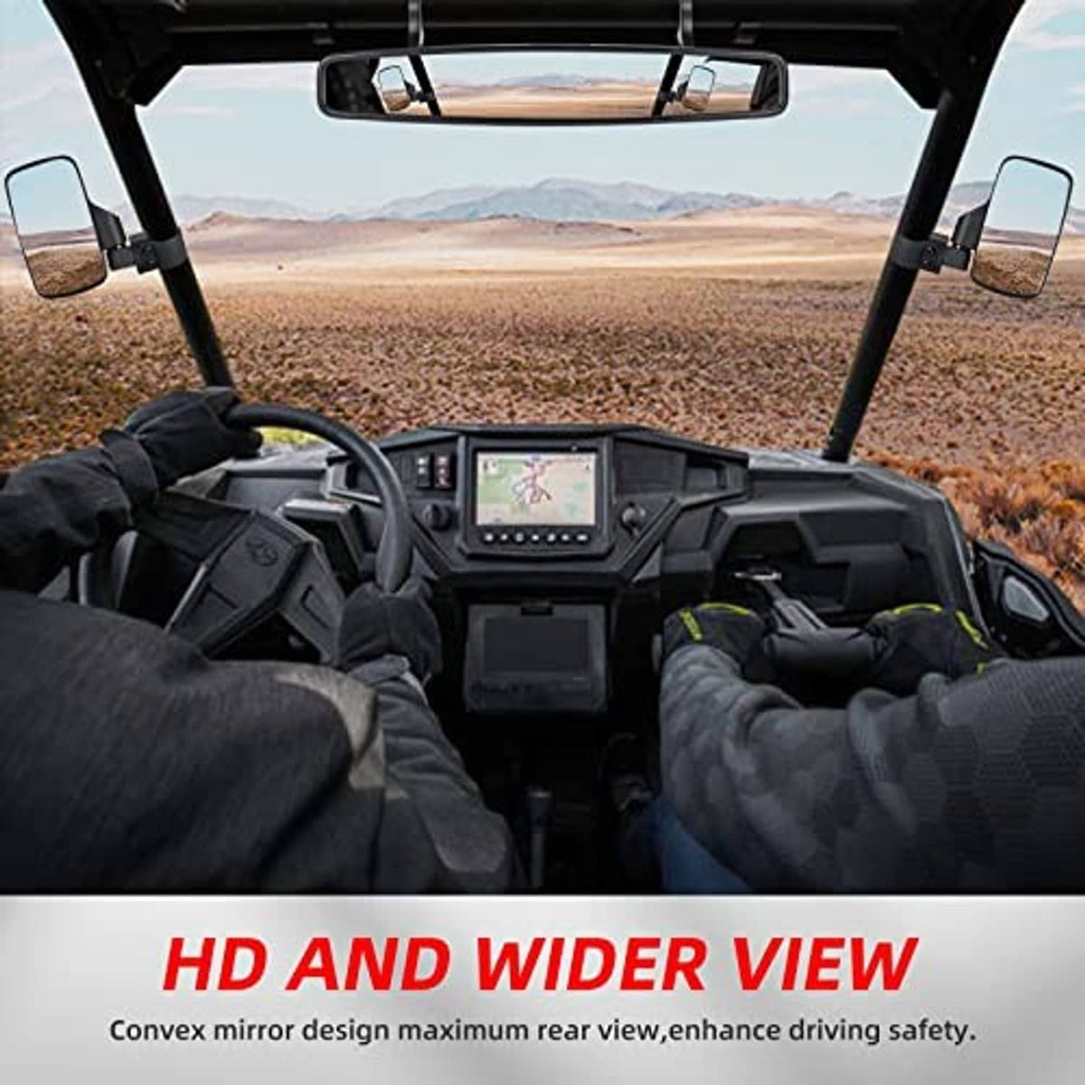 UTV interior view with rear center mirror mounted above the dashboard