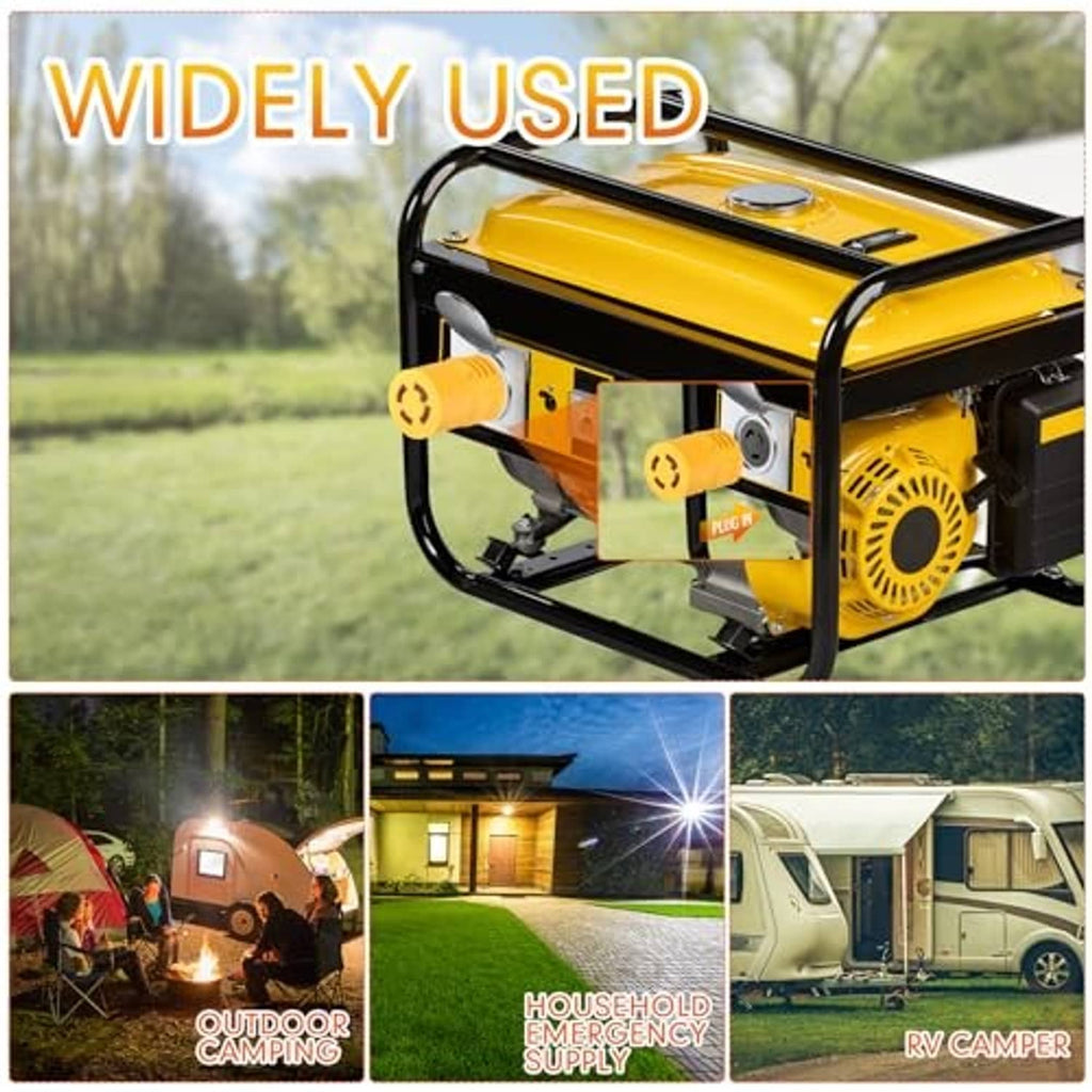 Yellow generator transfer adapter plug near portable generator, 3-prong to 4-prong ends