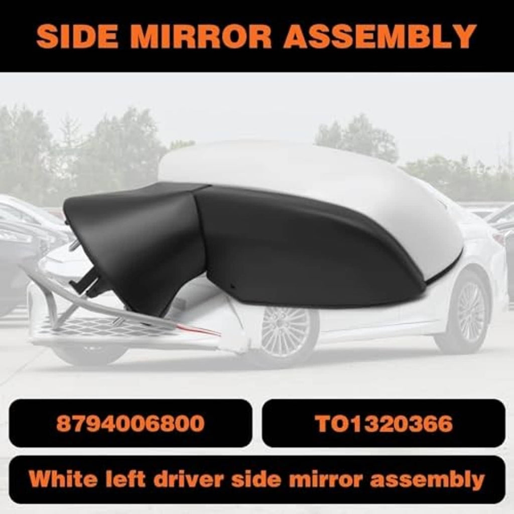 Side mirror assembly with black cover and white housing for left driver side