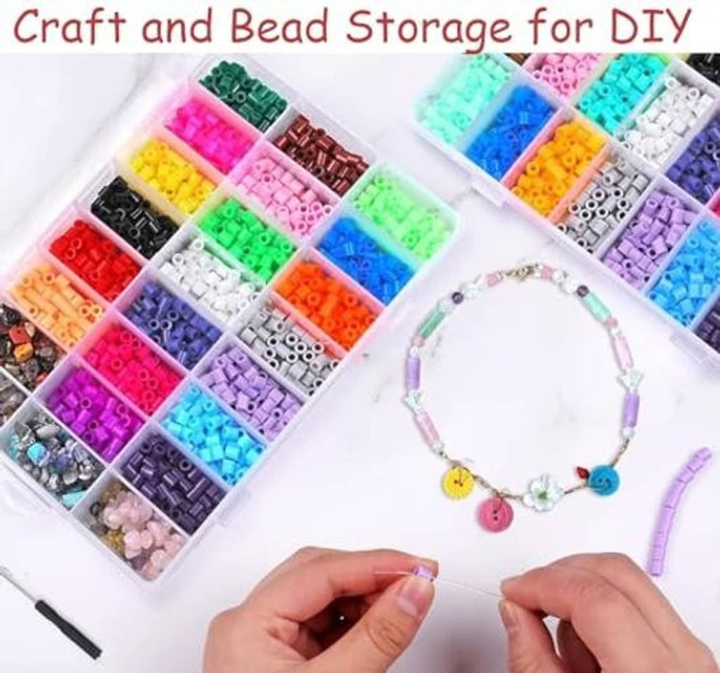 Clear plastic grid organizer box filled with colorful bead and craft supplies in compartments