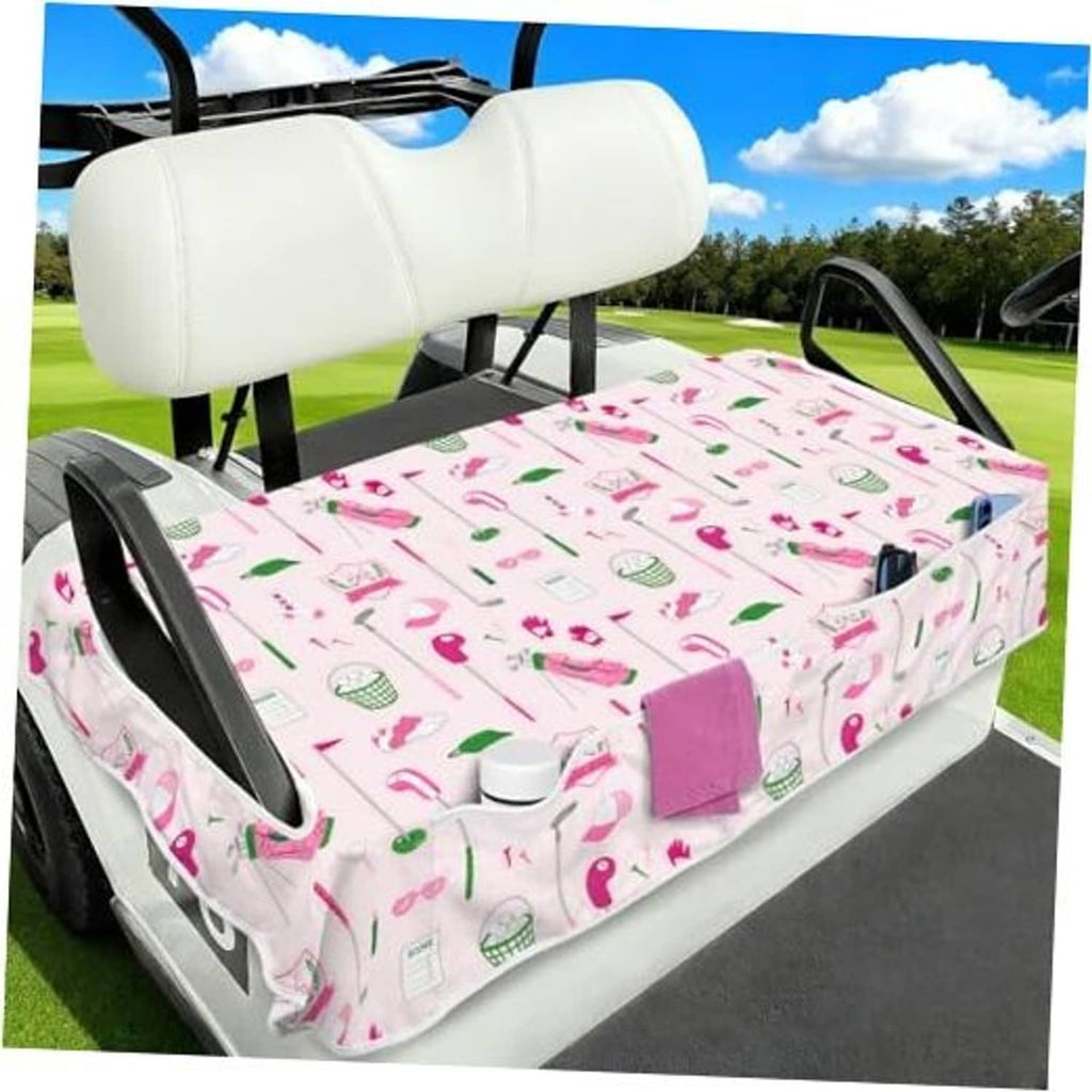 Golf cart seat cover with colorful golf icon print, fitted on bench with headrest