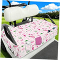 Golf cart seat cover with colorful golf icon print, fitted on bench with headrest
