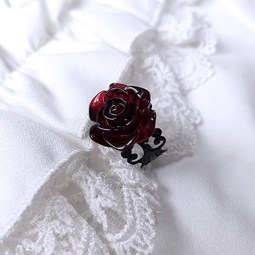 Dark red rose center on openwork gothic ring with black filigree, adjustable