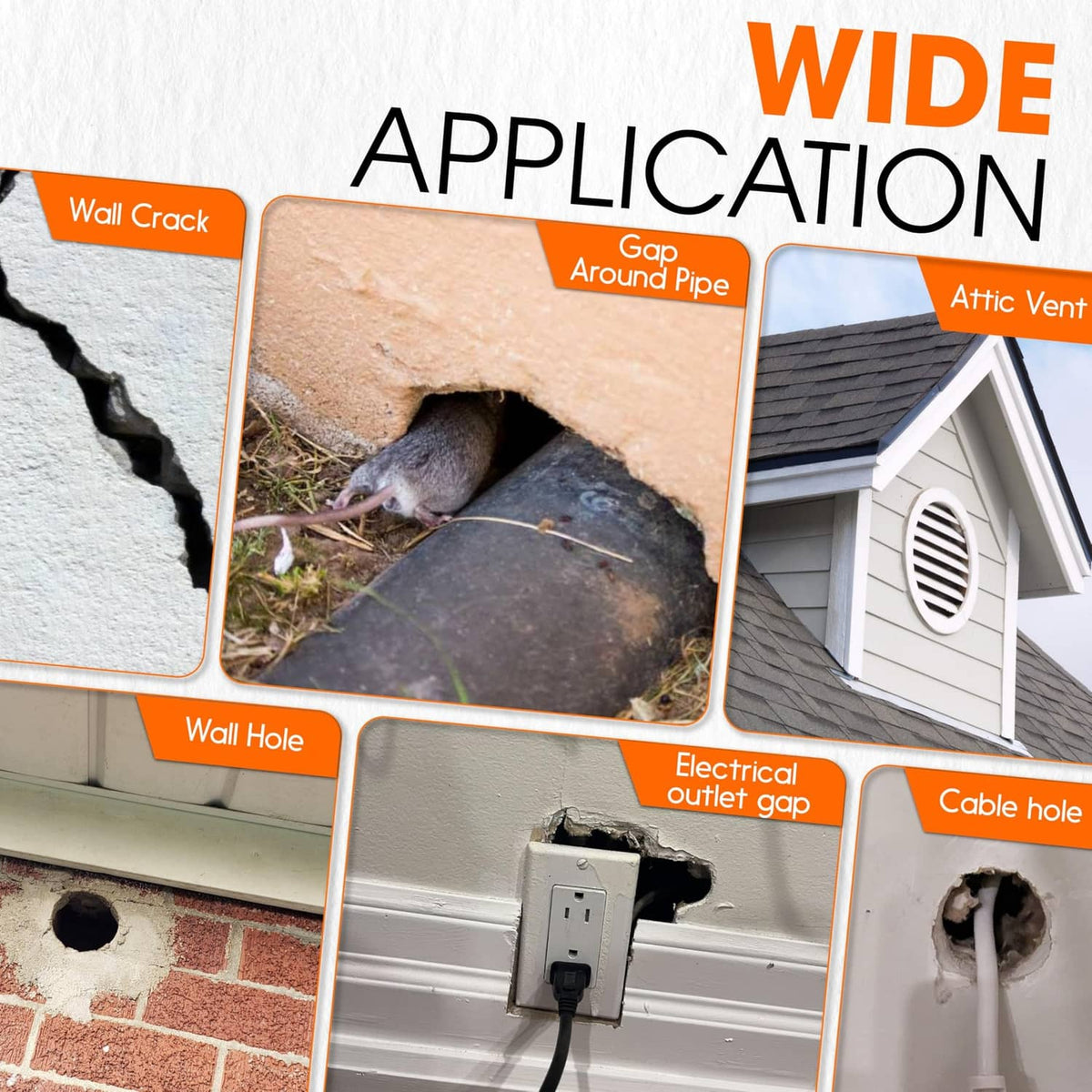 Rodent barrier kit for sealing wall cracks, pipe gaps, vents, and cable holes