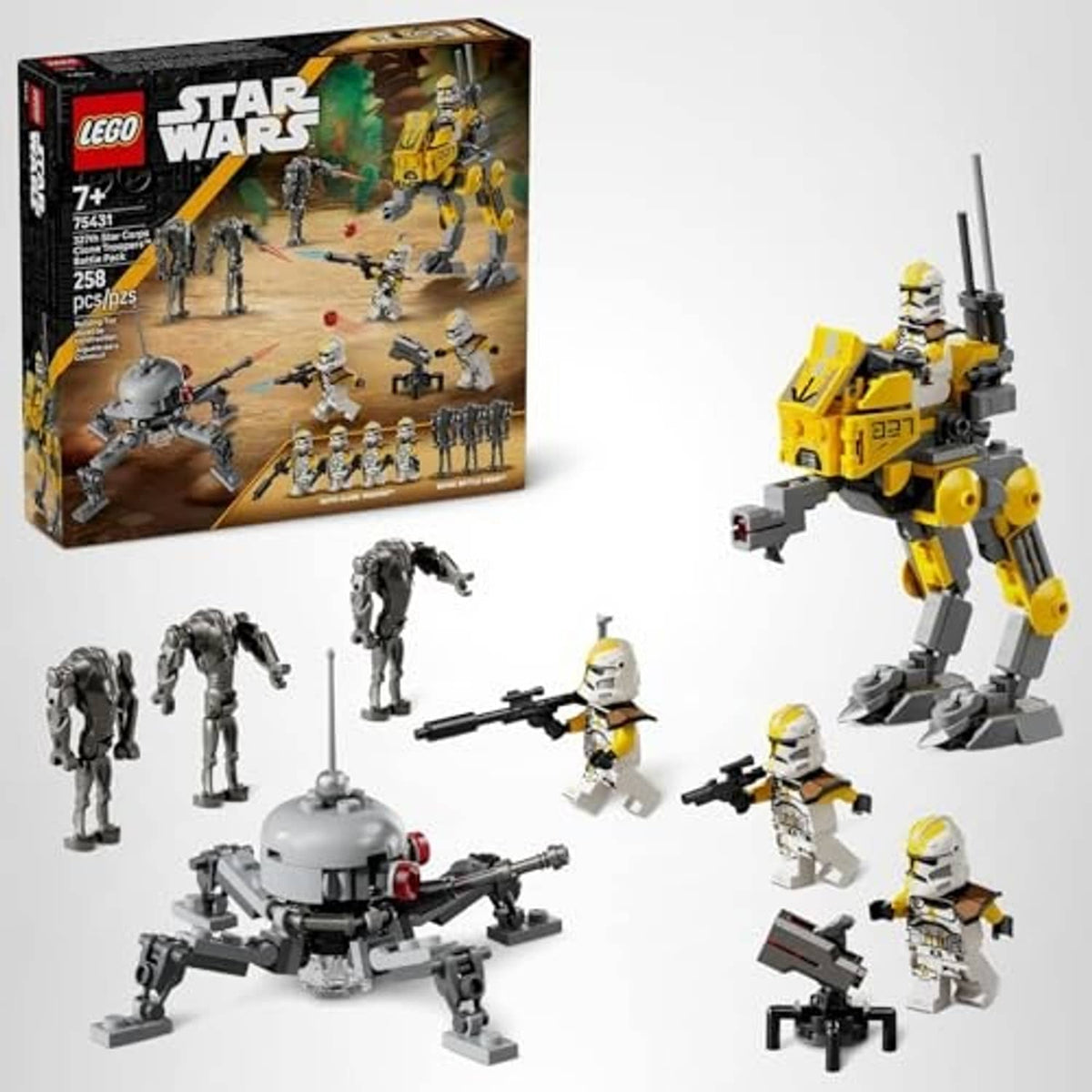 LEGO Star Wars battle pack set with clone trooper figures, droid, and blasters