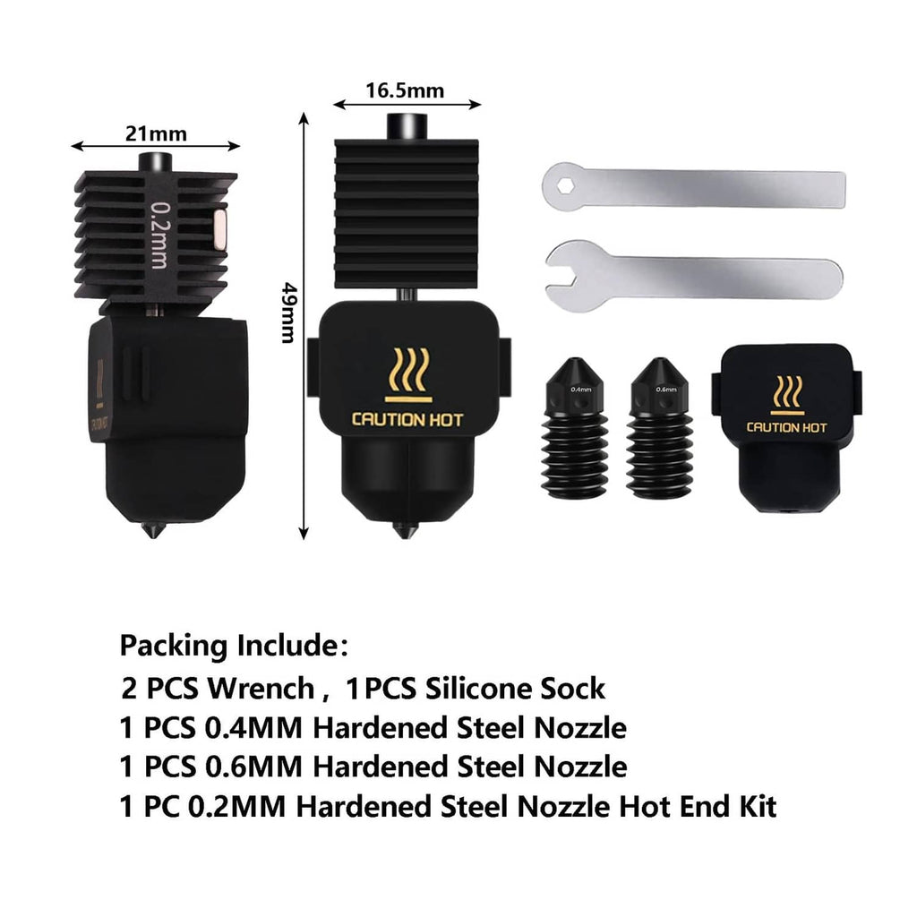 Hotend kit components with wrenches, silicone sock, and 0.4 mm and 0.6 mm nozzles