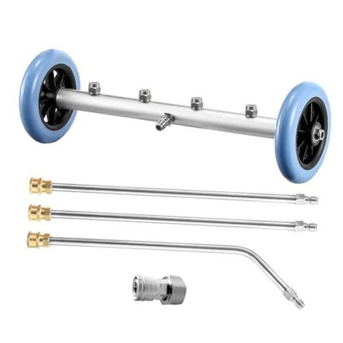 16-inch undercarriage car washer extension wand with blue wheels and metal frame