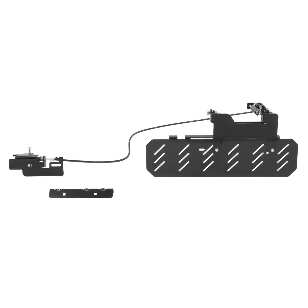 Mower chute blocker kit with black chute shield, mounting brackets, and control cable
