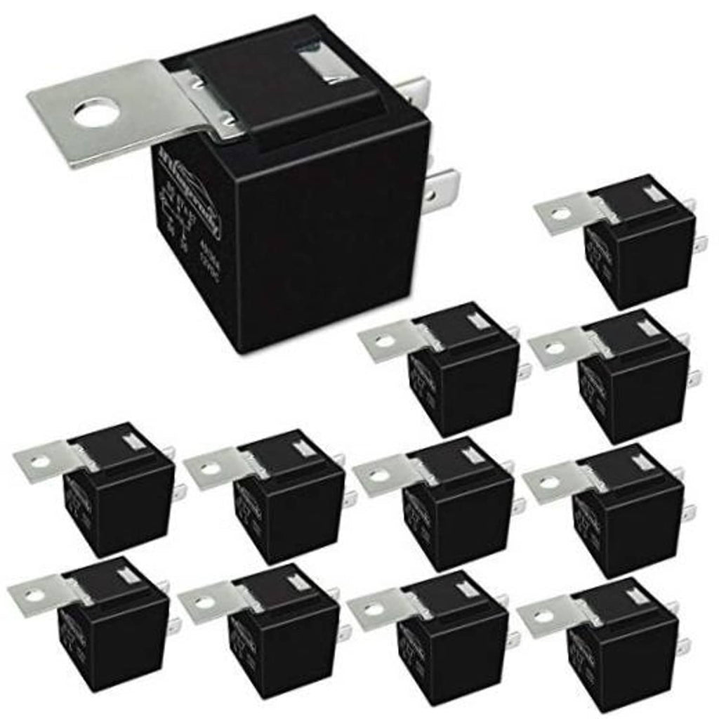 Automotive SPDT relay with metal mounting tab and five-pin connector, black body