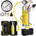 Yellow AC flush kit canister with pressure gauge, hose, adapters, and seal rings in case