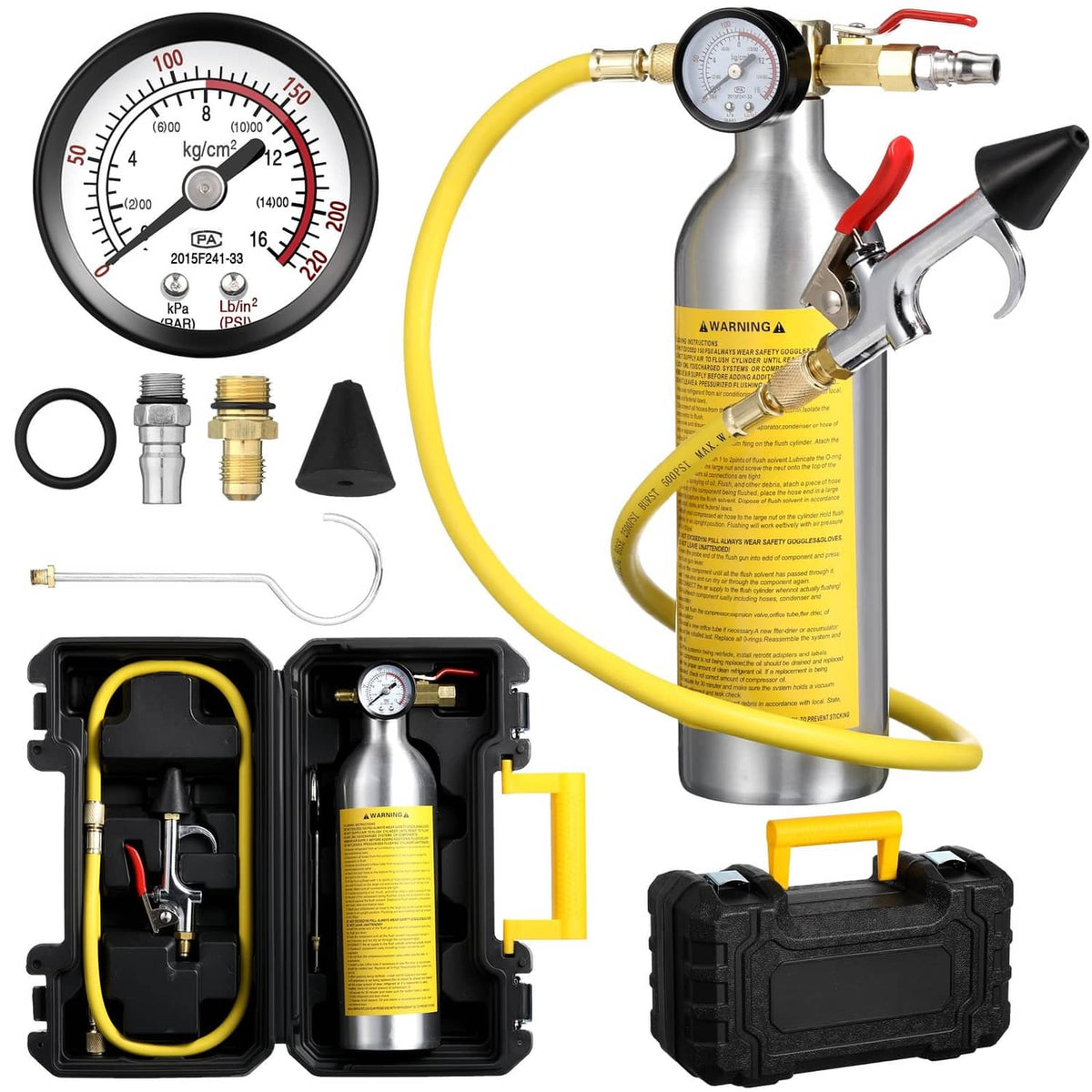 Yellow AC flush kit canister with pressure gauge, hose, adapters, and seal rings in case