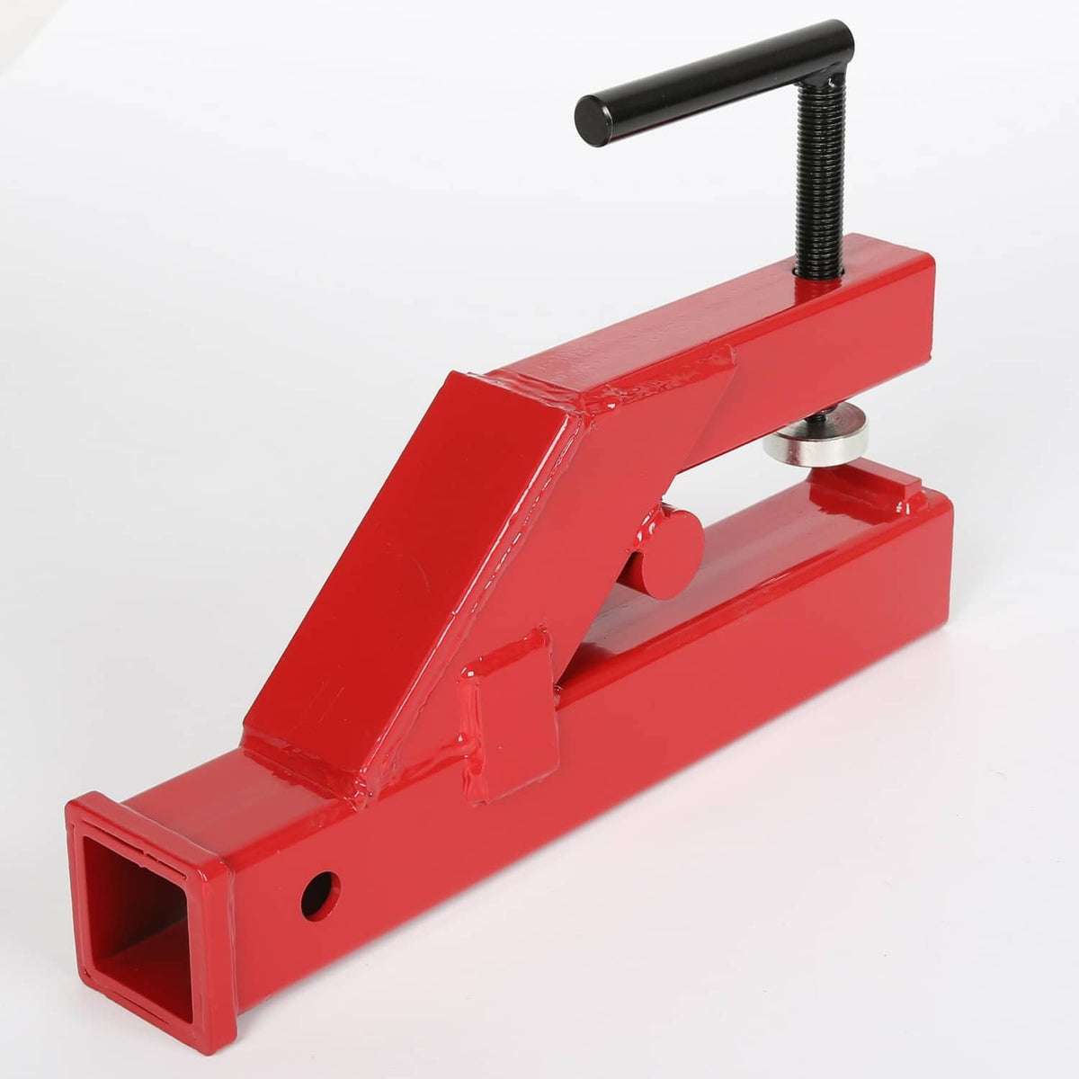 Red 2-inch ball mount receiver clamp with black handle rod and hitch ball cup, angled view