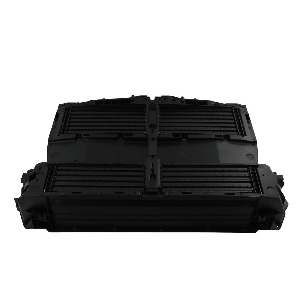 Front bumper radiator grille air shutter housing, black plastic with four slat panels