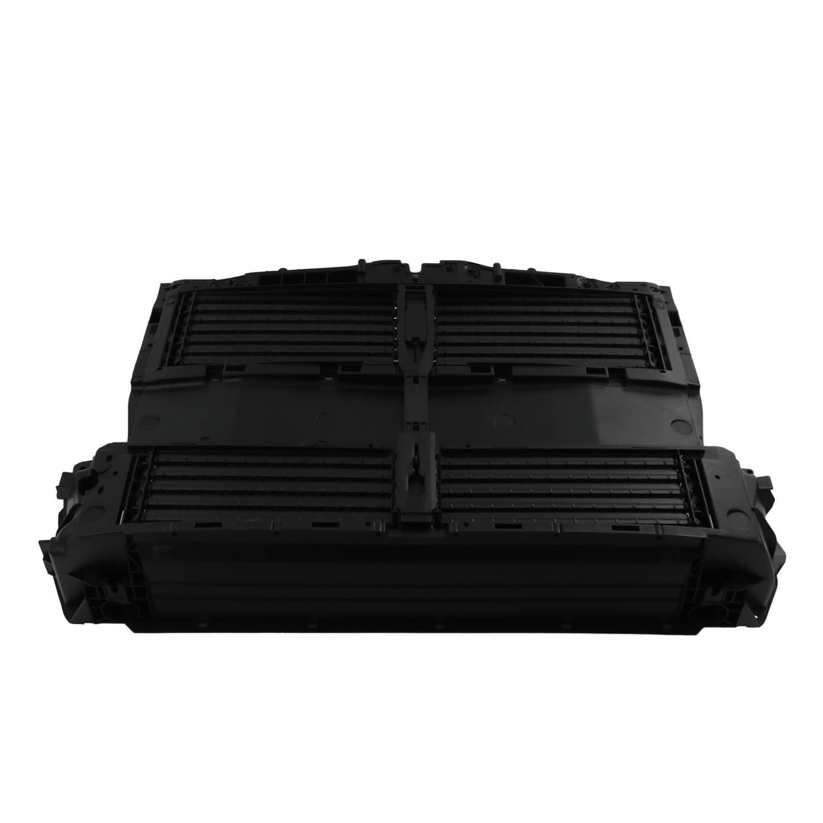 Front bumper radiator grille air shutter housing, black plastic with four slat panels