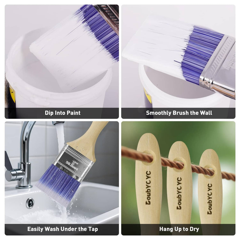 Flat paint brush with purple bristles, shown applying and cleaning paint