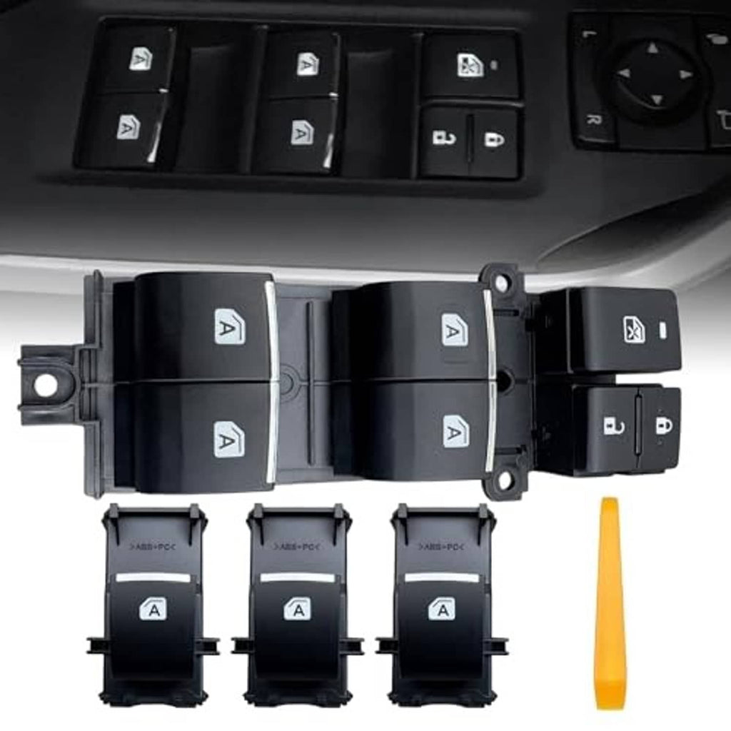 Car door power window switch assembly with multiple black switch blocks and A icons
