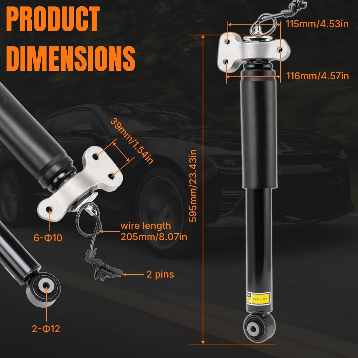 Pair of rear shock absorber assemblies with black cylinders and silver mounting brackets