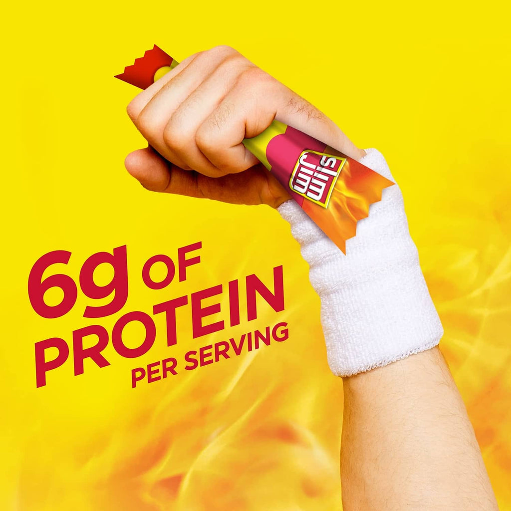 Slim Jim snack size smoked meat stick held in hand, yellow wrapper with red Slim Jim label