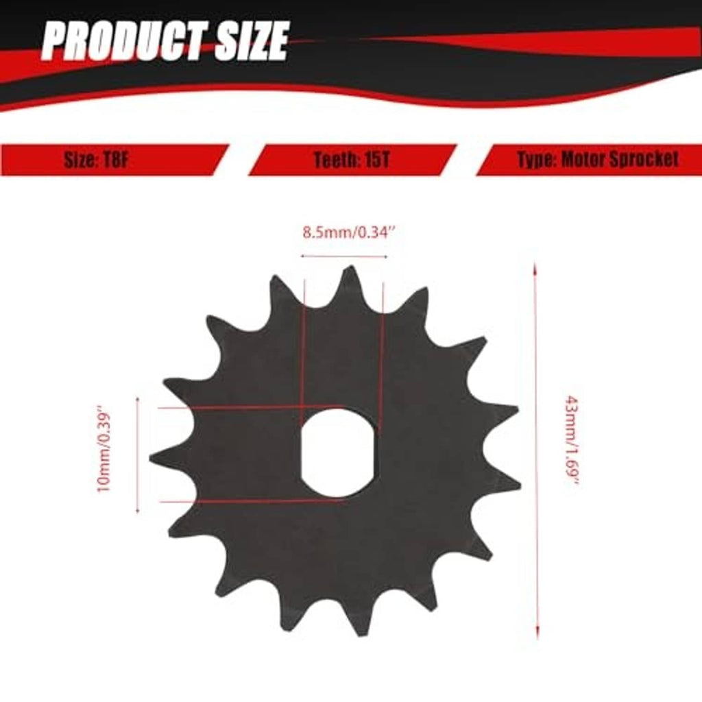 Black 15T T8F motor sprocket with center hole and labeled size measurements
