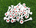 White plastic golf tees with red heart markers, short 1.5-inch size